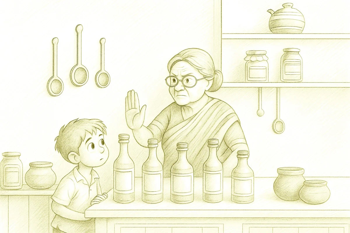 Illustration of an elderly woman and a child in a kitchen setting with bottles and jars.