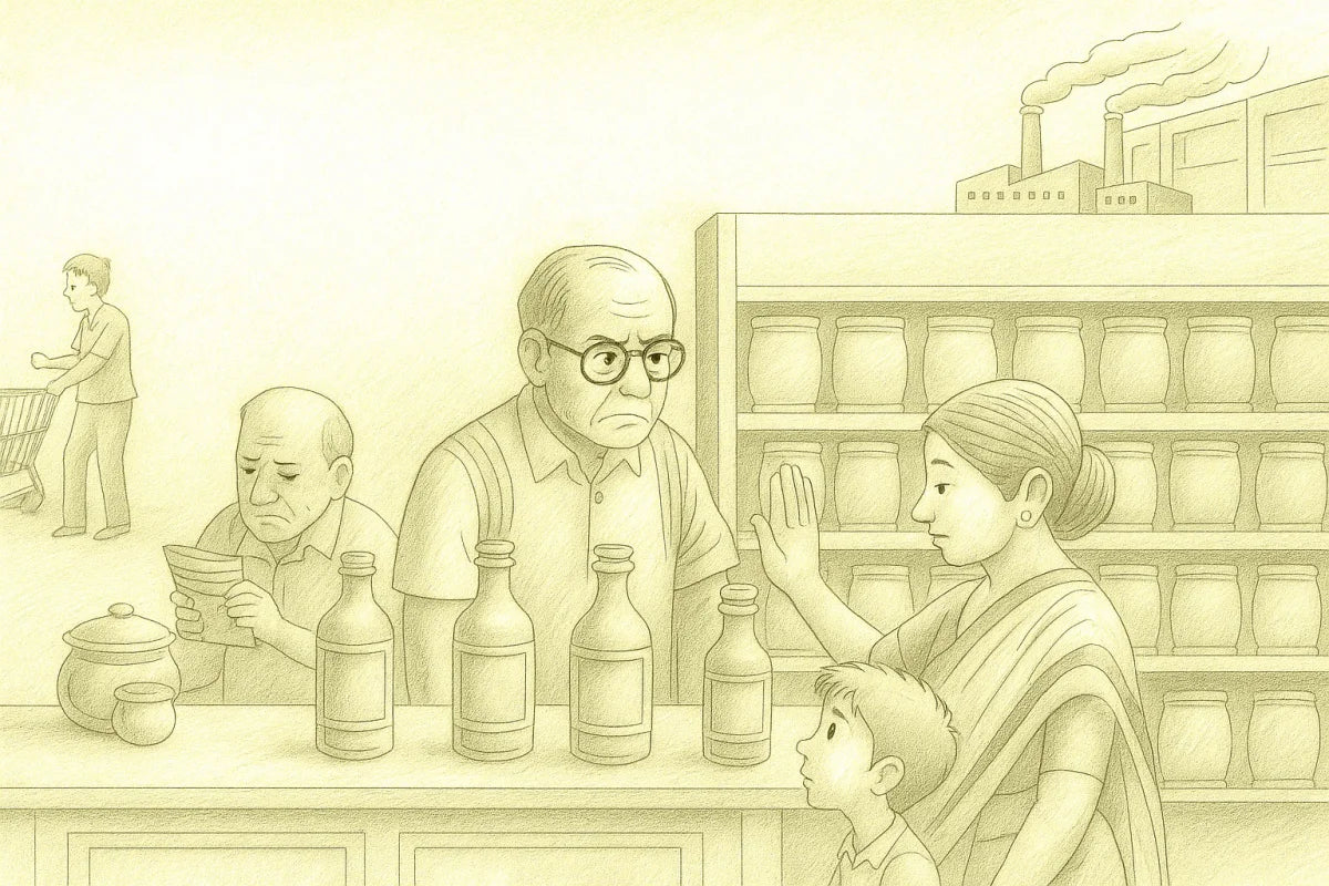 Illustration of a family in a store with bottles and shelves.
