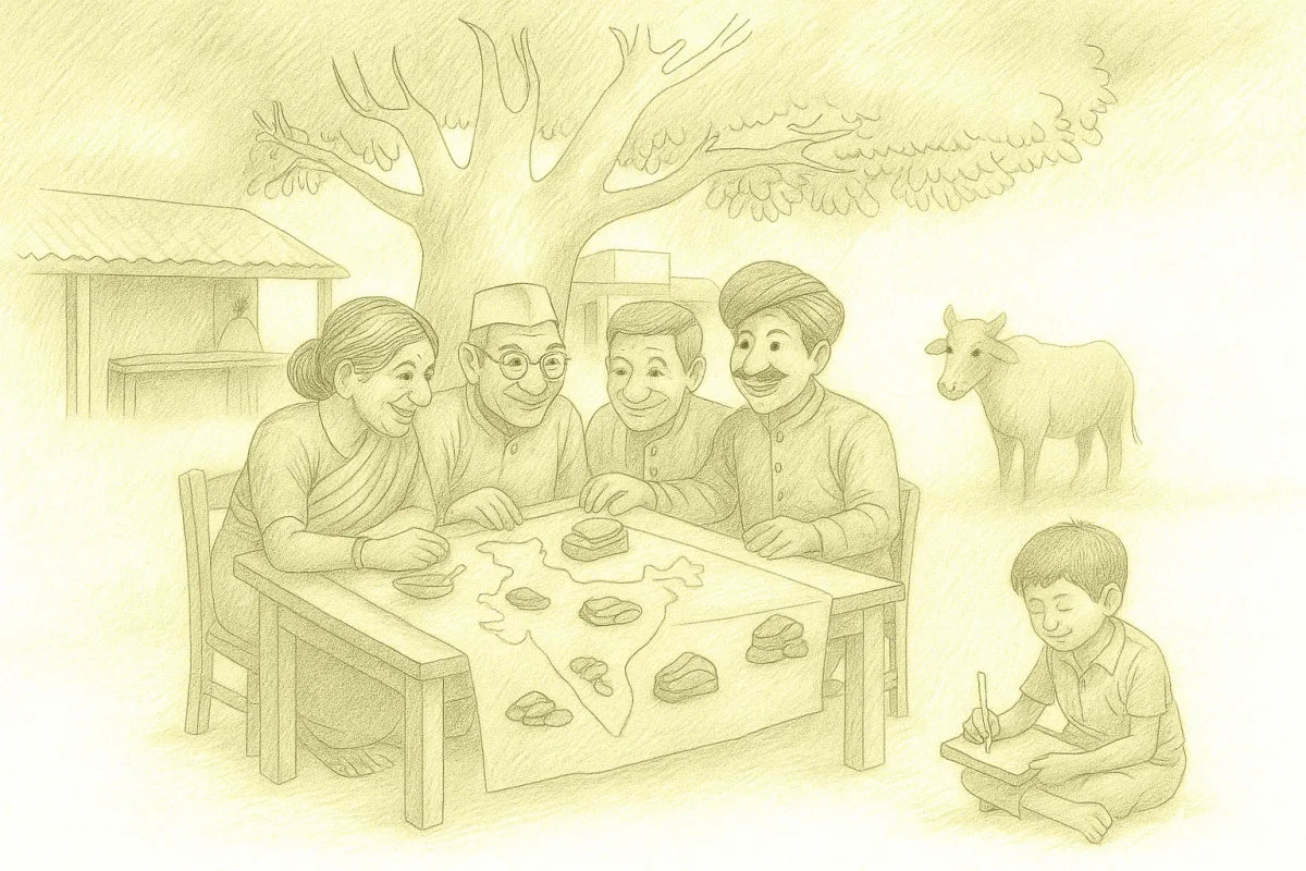 Illustration of a family gathered around a table outdoors with a child studying nearby.