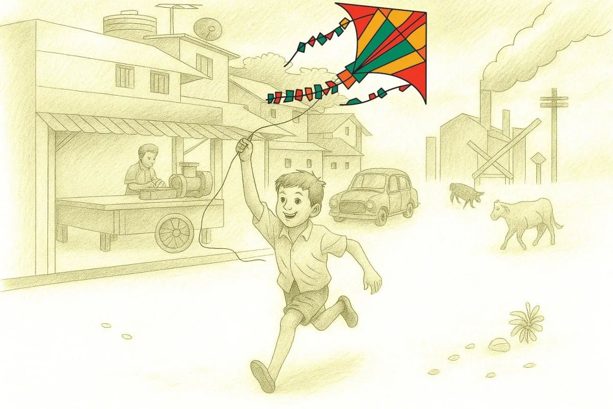 Illustration of a boy running with a kite in an urban setting